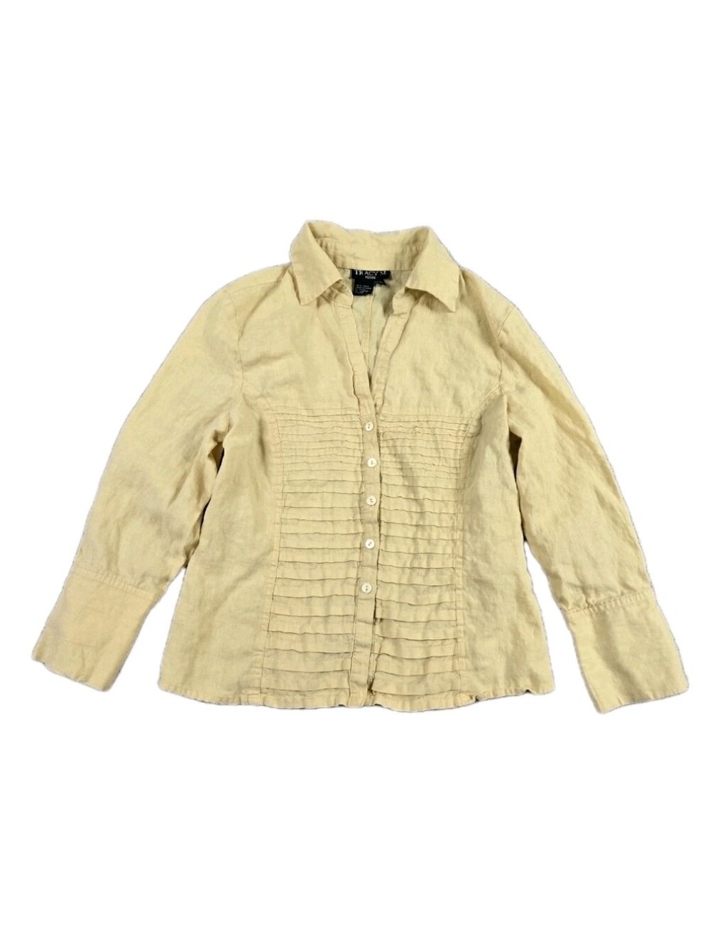 Tracy M 100% Linen Button Up Top Sz PL Butter Yellow 3/4 Sleeve Pleated V Neck